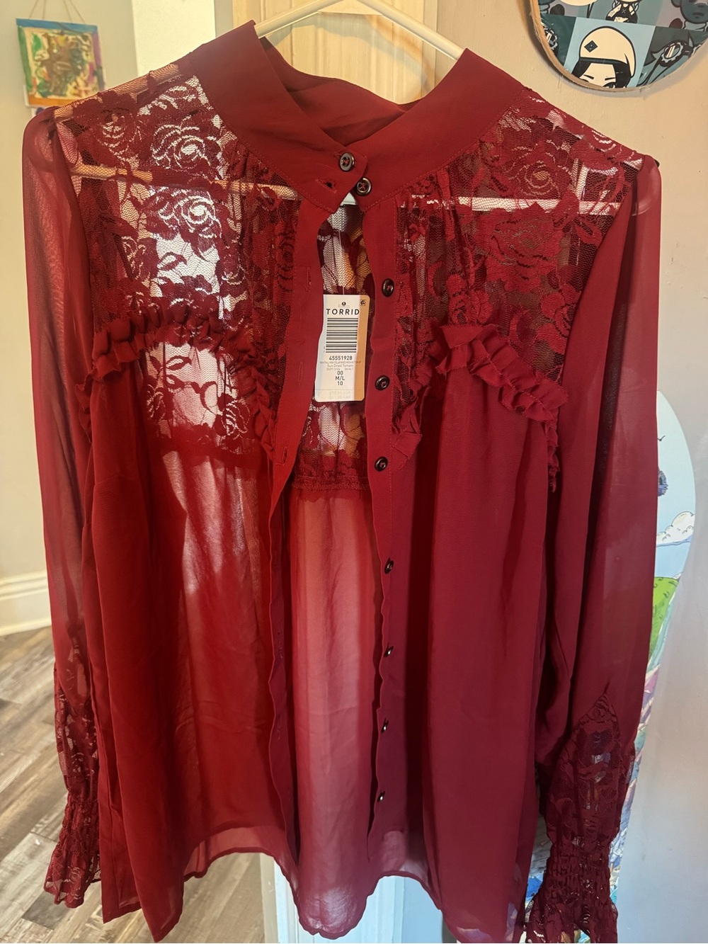 torrid Burgundy Sheer Lace Yoke Button-Up Blouse